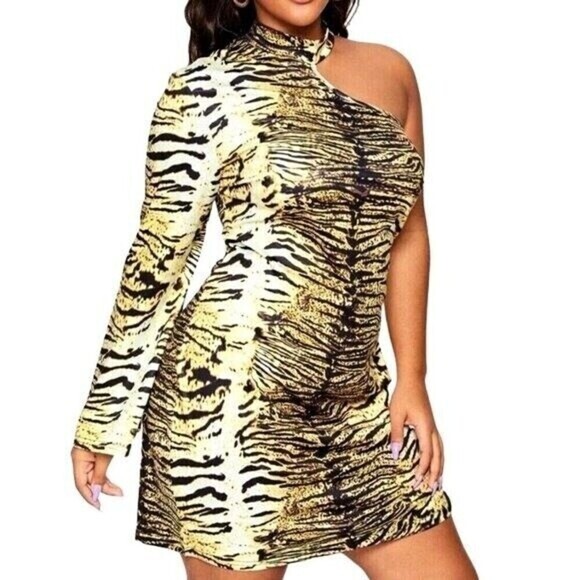 Shein 2XL Animal Print One Shoulder Long Sleeve Short Dress. - Picture 5 of 11